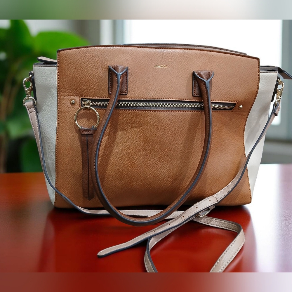 Aldo Cognac Tan Cream Neutral Satchel Shoulder Bag Purse Womans Hobo